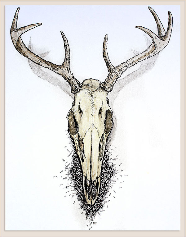 A painting of a deers skull on canvas