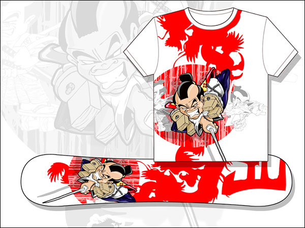 Designs for a range of T-shirts and a snowboard design featureing Nippon Boy