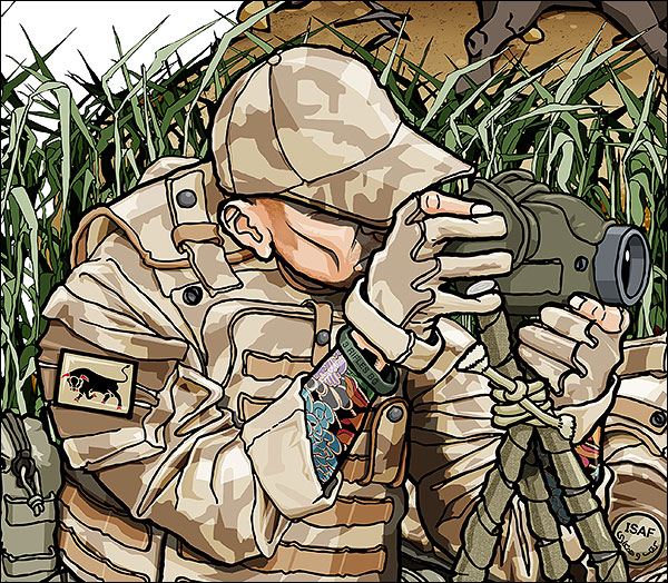Close up detail of illustration of British sniper