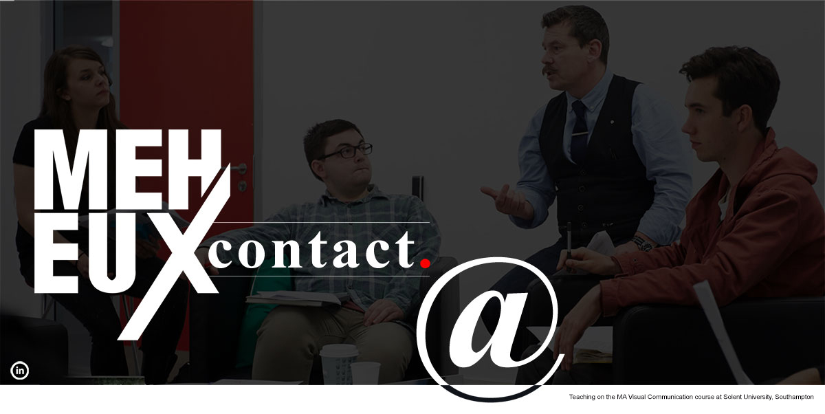 Hero image for contact page, and image of Brent Meheux teaching on MA Visual Communication