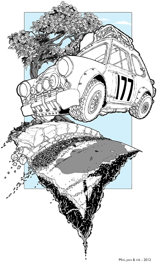 Monte Carlo Rally illustration, Mini, pen & ink, by Brent Meheux